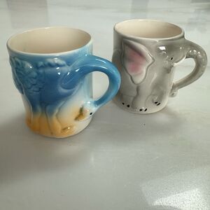 Set (2) VTG 70s 80s Hand Painted 3D Animal Mug Cup JSNY Elephant Ostrich Ceramic